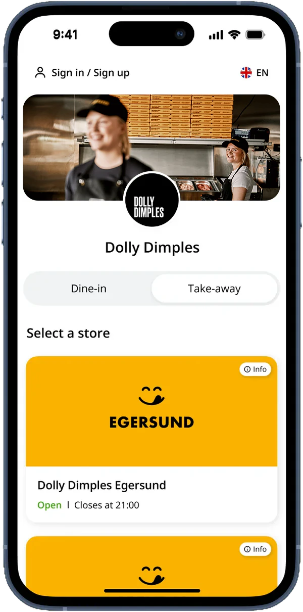 Dolly-appen på en mobil: startsiden der du velger ditt Dolly-utsalg