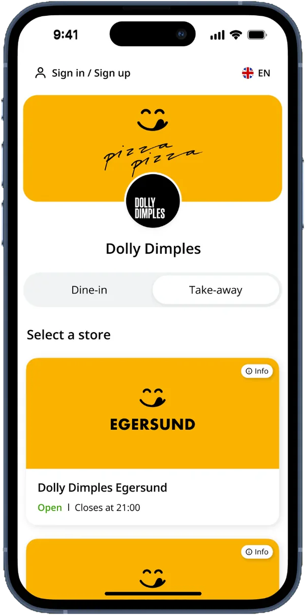 Dolly-appen på en mobil: startsiden der du velger ditt Dolly-utsalg