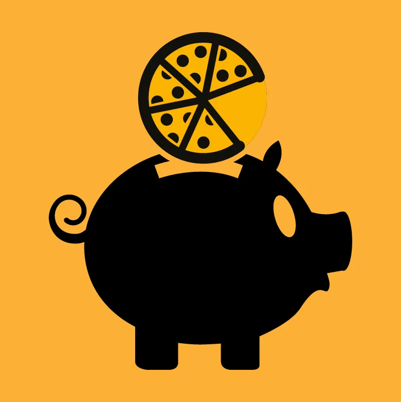 Svart sparegris med en pizza som mynt, på gul bakgrunn